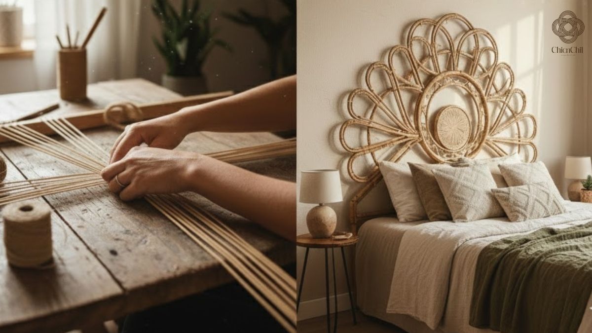 From careful hand-weaving to a finished statement piece, this wall decor brings artisanal craftsmanship and natural warmth into a serene bedroom setting.