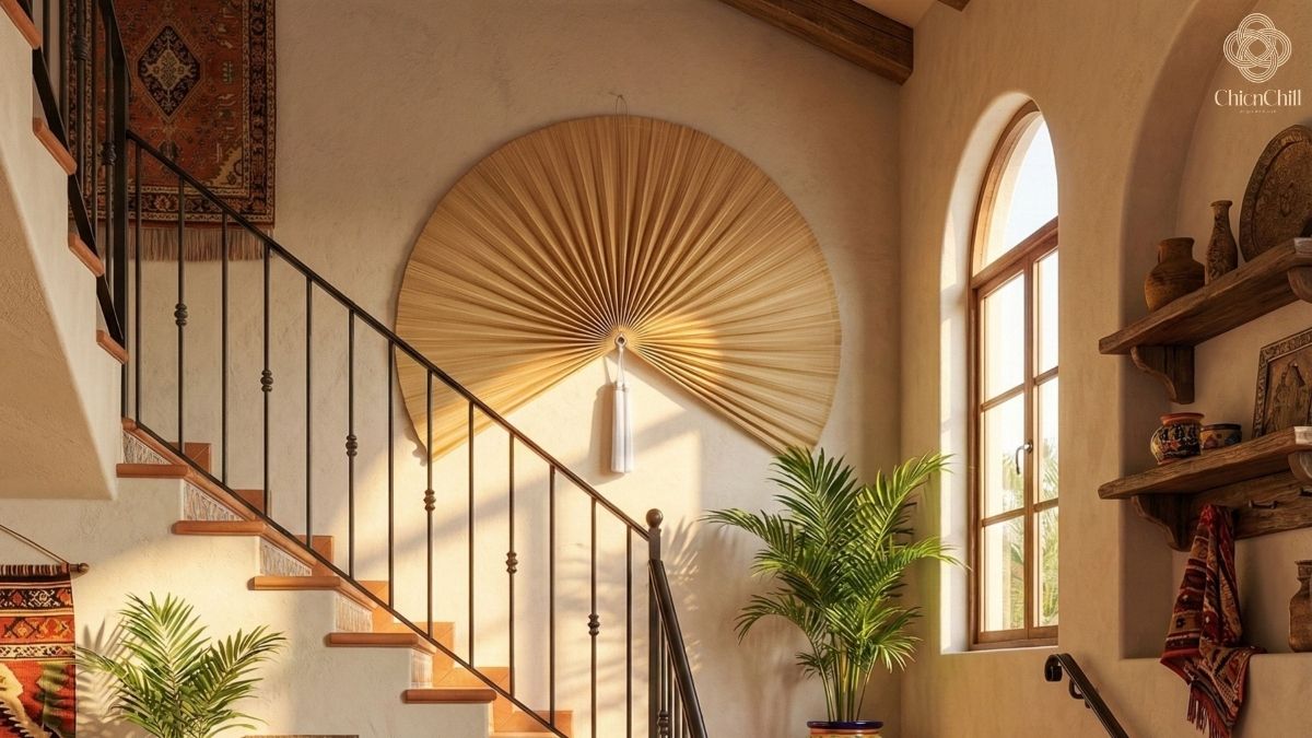 A large, light-colored bamboo folding fan mounted as wall decor on a dark emerald green wall, flanked by a green indoor plant and a modern table lamp.