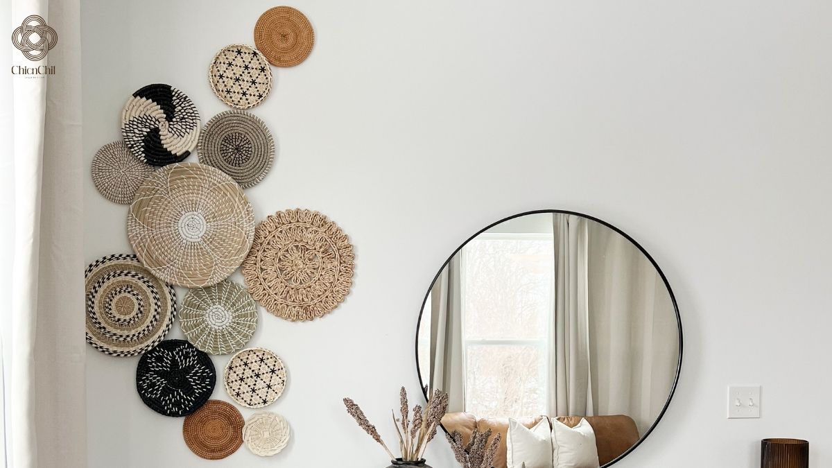 Our handcrafted rattan wall decor set adds organic texture and warmth to any modern living space.