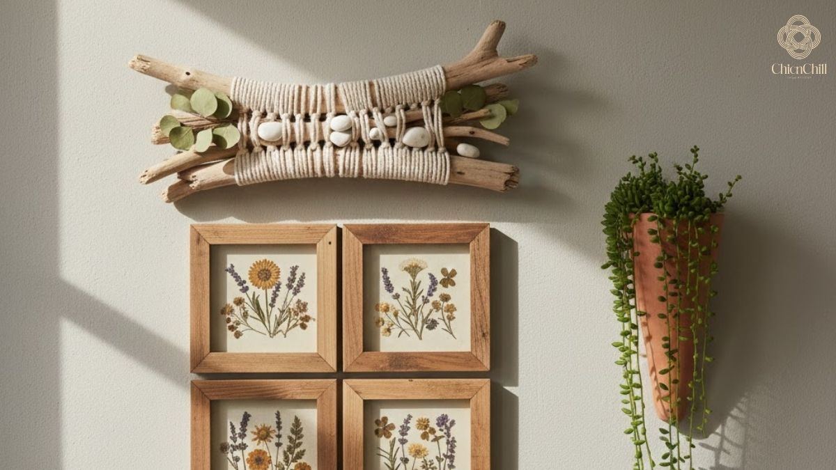 A calm, nature-inspired wall styled with handcrafted wooden decor.