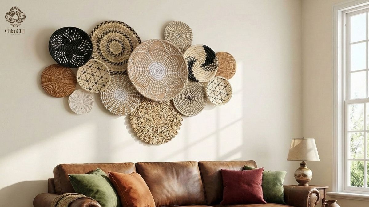 A large decorative gallery wall featuring various woven seagrass baskets arranged above a brown leather sofa with colorful pillows.