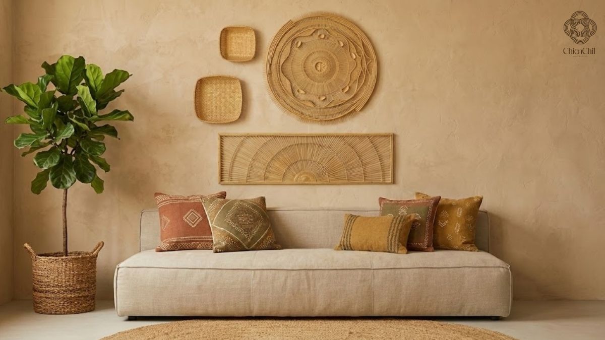 A warm, earthy living space styled with handcrafted natural wall decor for a calm and organic atmosphere.