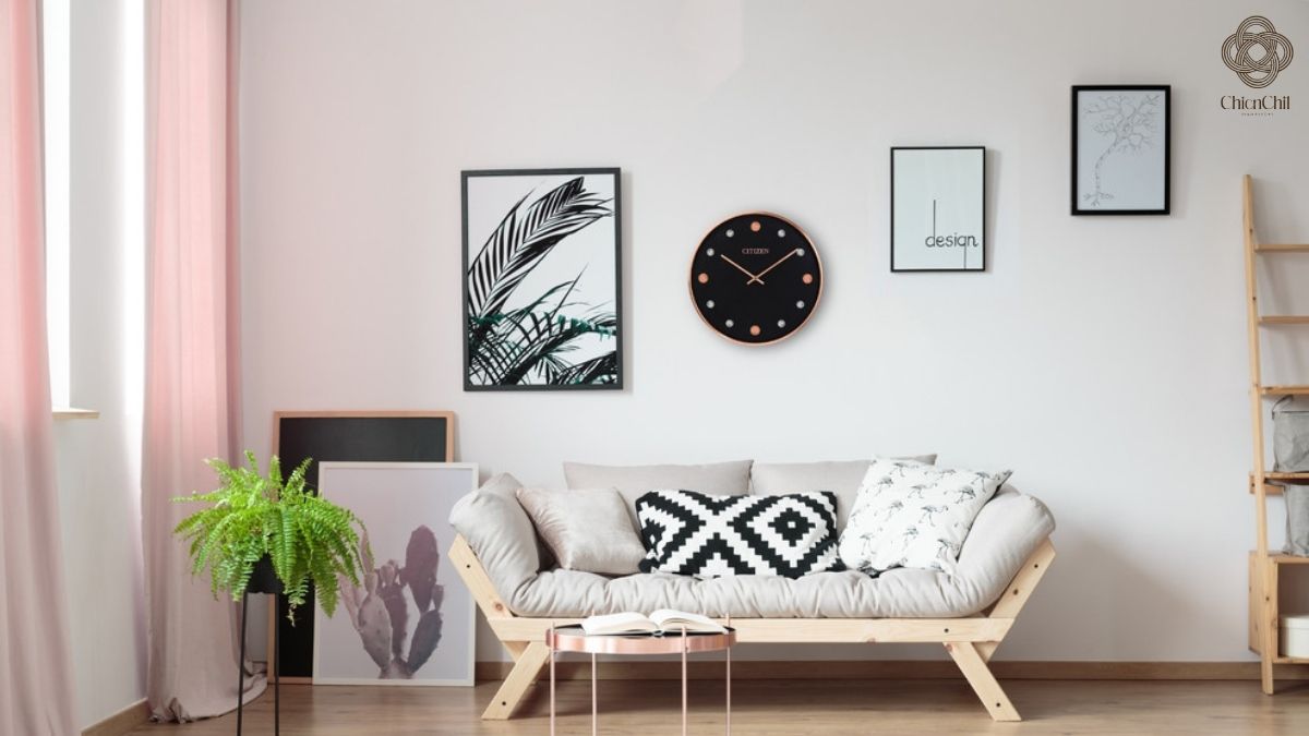A minimalist wall clock brings balance and rhythm to a calm living space.
