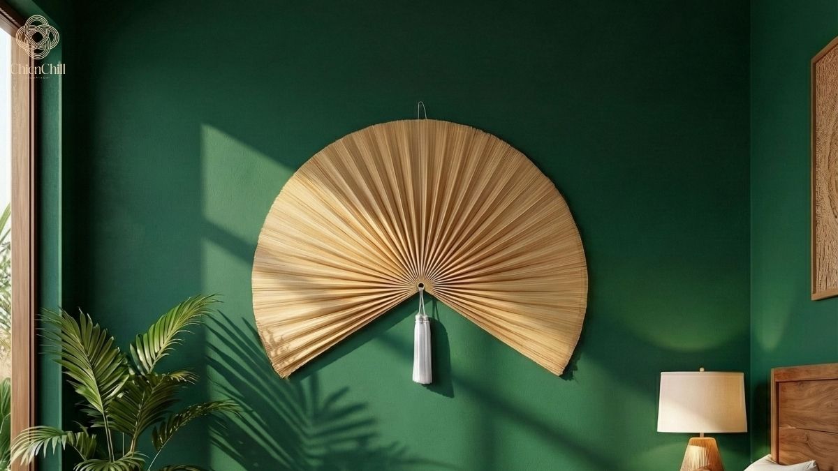 A collection of decorative seagrass wall baskets in different patterns arranged on a light beige wall above a brown leather couch with green and rust-colored pillows.
