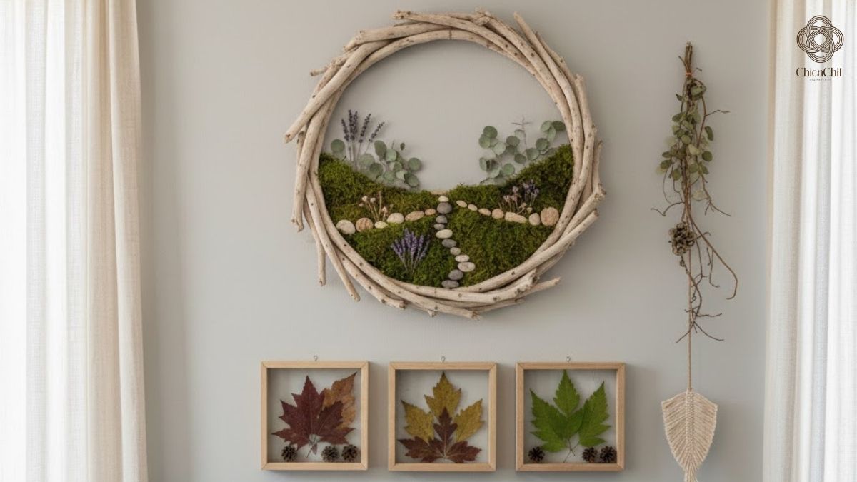 A perfect blend of driftwood, preserved moss, and autumn leaves.