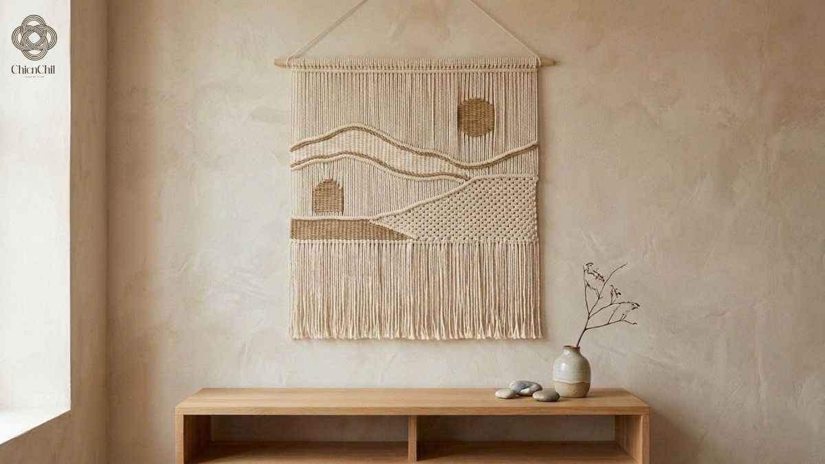 Large arrangement of diverse decorative woven baskets on a white wall above a wooden dining table.