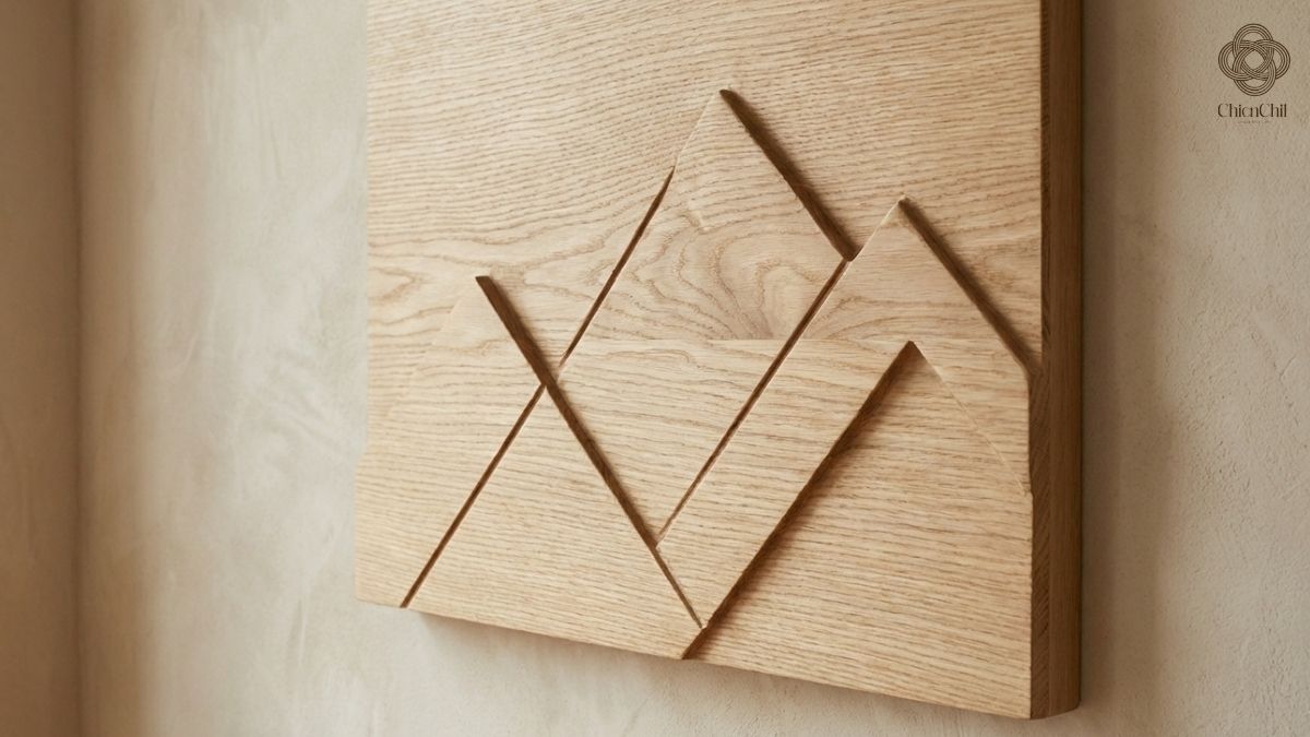 A minimalist handmade wooden wall art piece, where natural textures and clean lines bring warmth and quiet balance to modern interiors.