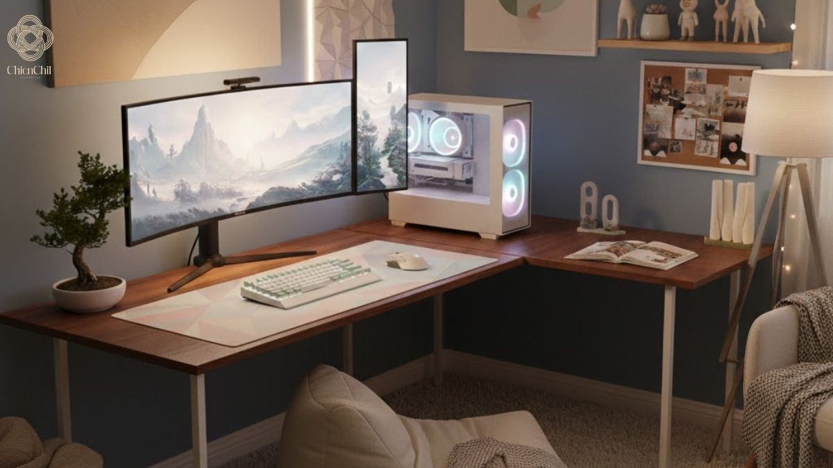 Minimalist gaming desk setup with dual monitors, white PC, and ergonomic chair
