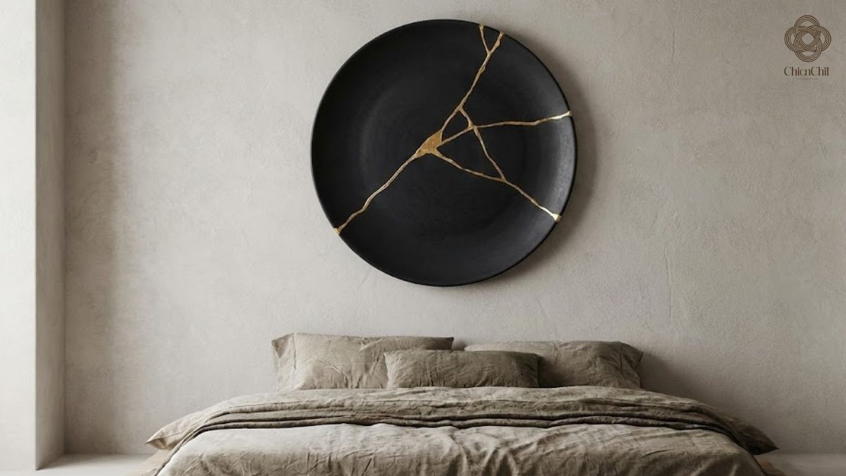 A minimalist bedroom accented with a bold black wall piece, where organic imperfection and quiet elegance create a sense of calm and balance.