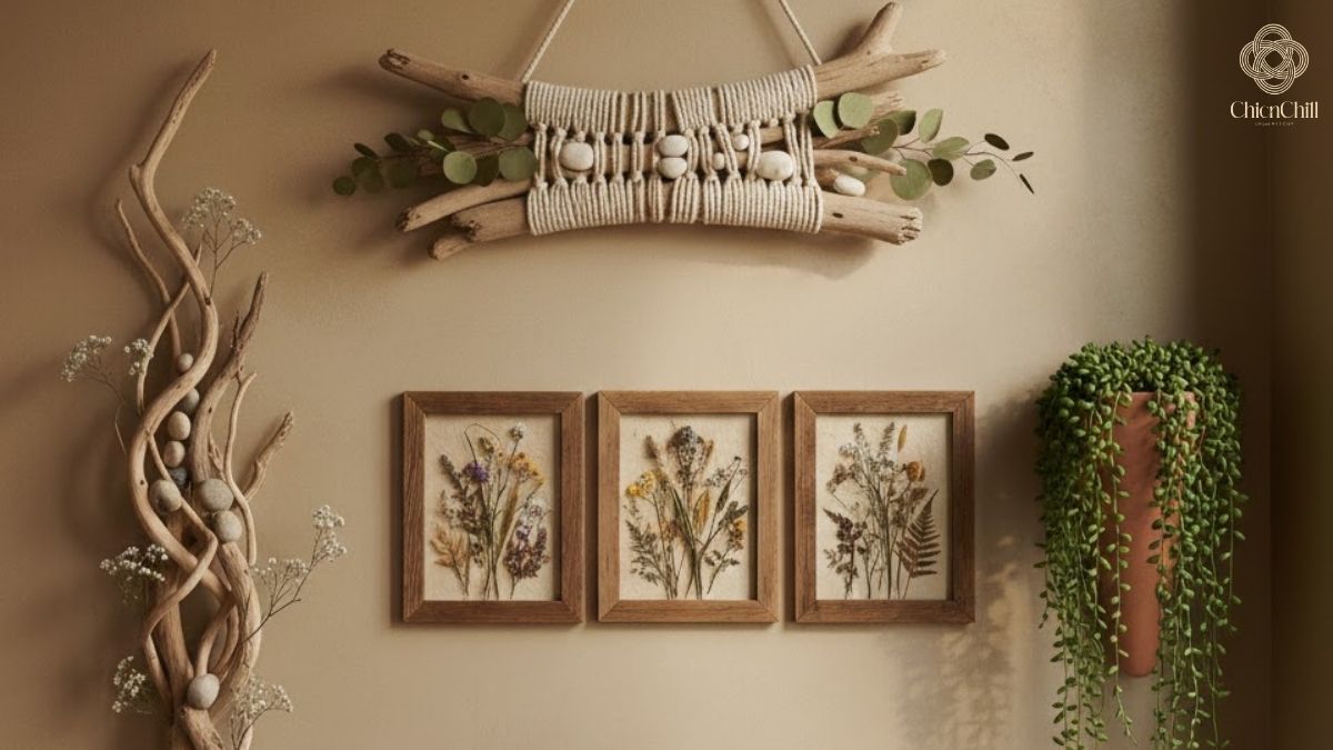 A thoughtfully curated wall where handcrafted wood and botanical elements come together in quiet harmony.