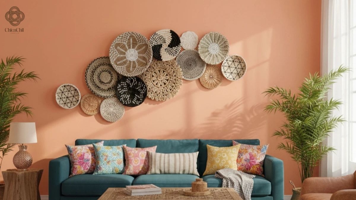 Large arrangement of decorative woven baskets on a beige wall above a brown leather couch with green and orange pillows.