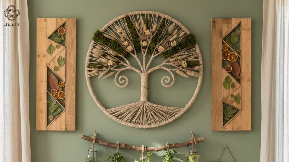 Transform your walls with the rustic charm of wood, moss, and dried botanicals