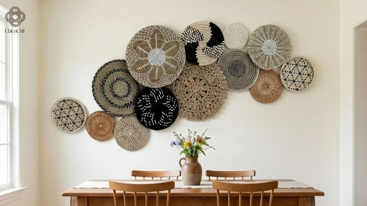 Large arrangement of decorative woven baskets on a beige wall above a brown leather couch with colorful accent pillows.