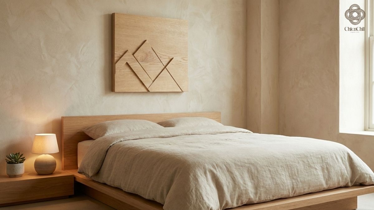 A calm, minimalist bedroom where natural wood textures and soft lighting create a warm, restful atmosphere for slow and mindful living.