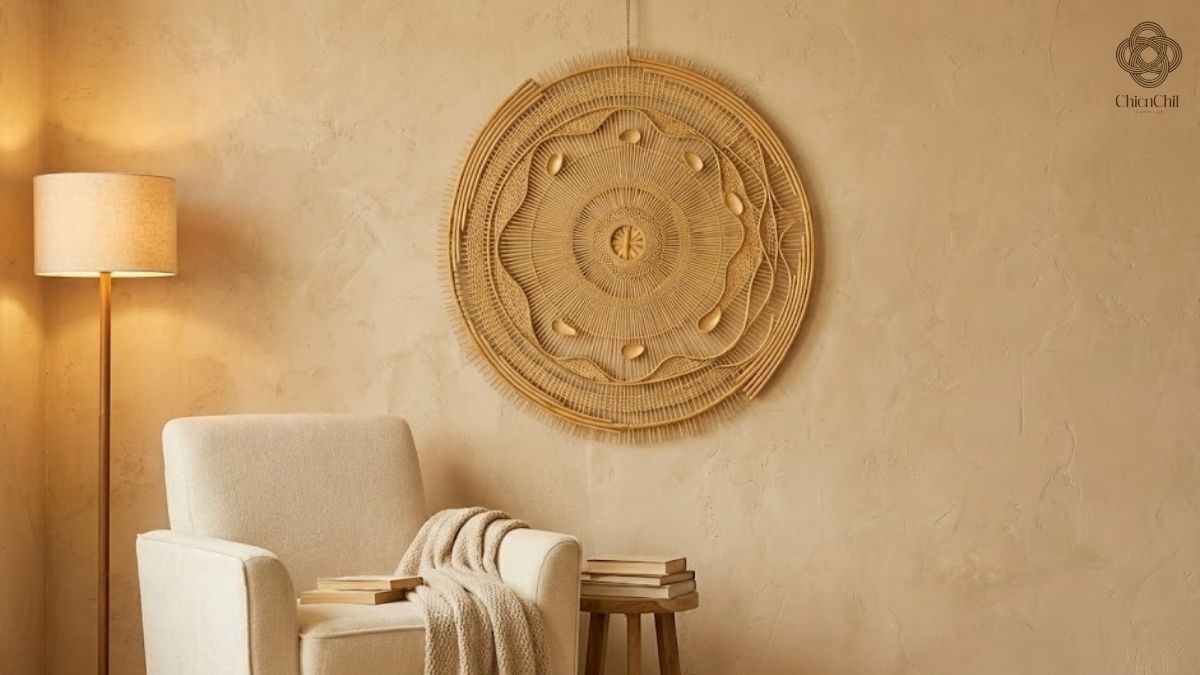 A serene reading corner accented with handcrafted woven wall art, warm light, and soft neutral tones for a sense of quiet comfort.