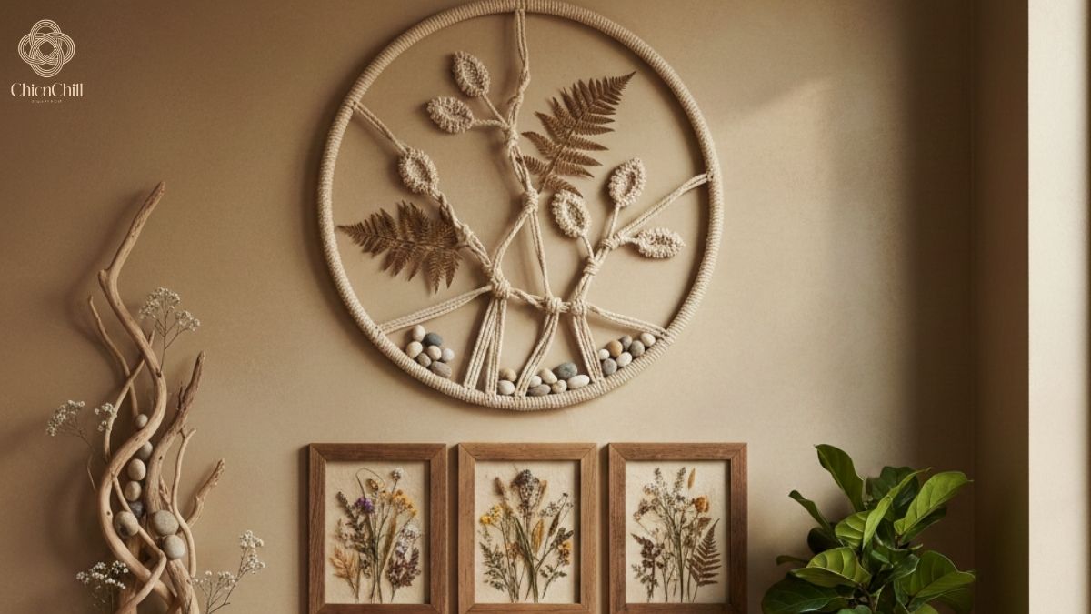 A calm, nature-inspired wall styled with handcrafted wooden decor.